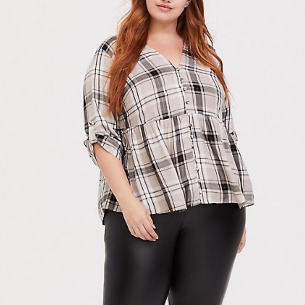 Torrid Plaid Button Front Babydoll Twill Top Size‎ 2X Relaxed Classic Neutral